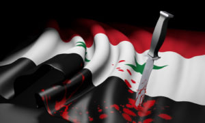 Syria flag and bloody knife, symbolizing jihad threat of ISIS