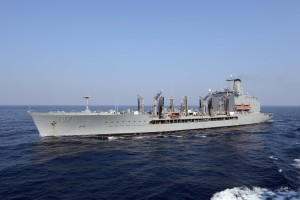 The fleet replenishment oiler USNS Pecos (T-AO 197) steams alongside the guided missile destroyer USS McCampbell (DDG 85), not pictured, following a replenishment at sea in the Pacific Ocean March 5, 2013. (U.S. Navy photo by Mass Communication Specialist 3rd Class Declan Barnes/Released)