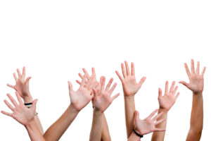 Close up of female hands and arms reaching out.Isolated on white background.