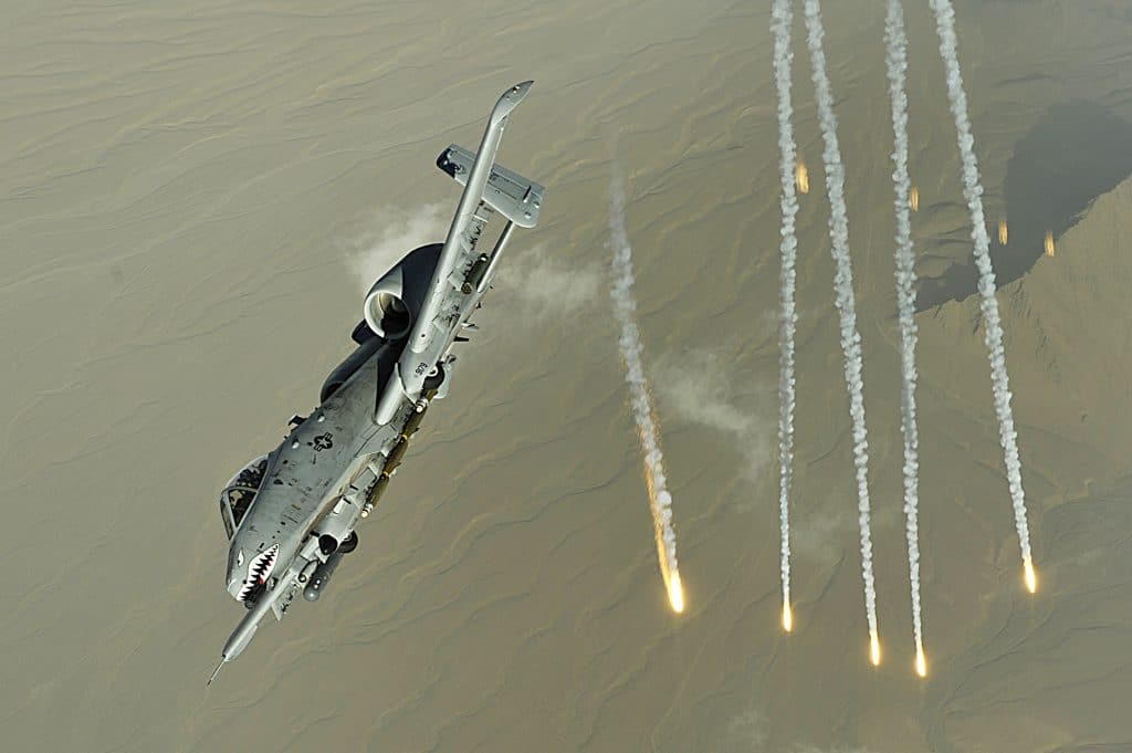 An A-10 Thunderbolt II deploys flairs over Afghanistan, on Nov. 12, 2008. A-10s provide close-air support to ground troops in Afghanistan and Iraq. The A-10's excellent maneuverability at low air speeds and altitude, as well as its highly accurate weapons delivery, make it an ideal aircraft for supporting coalition operations. (U.S. Air Force/Staff Sgt. Aaron Allmon)