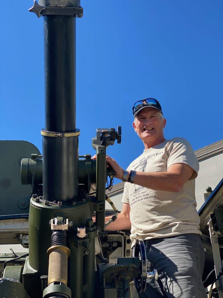 Steve Lewis with a 120mm Mortar Carrier version Stryker at Joint Base Lewis McChord. (Steve Lewis)