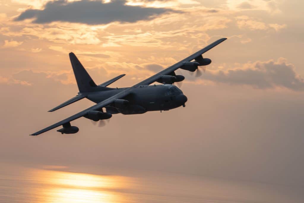 An MC-130J Commando II assigned to the 15th Special Operations Squadron prepares to conduct a flyover near Hurlburt Field, Fla., on Sept. 15, 2023. The 1st Special Operations Wing performed a two-ship formation flyover for Military Appreciation Nights at both Fort Walton Beach High School and Navarre High School. (Senior Airman Natalie Fiorilli, U.S. Air Force)