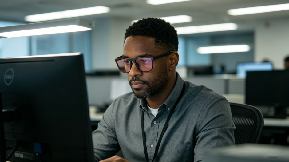 A migraine sufferer working diligently under office fluorescent lights, wearing a pair of Rose Relief™ Wayfarer Pink Migraine Glasses.